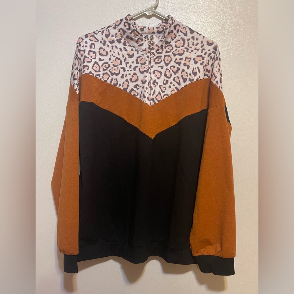 Leopard Print and Orange 3/4 zip Sweatshirt - Picture 1 of 4